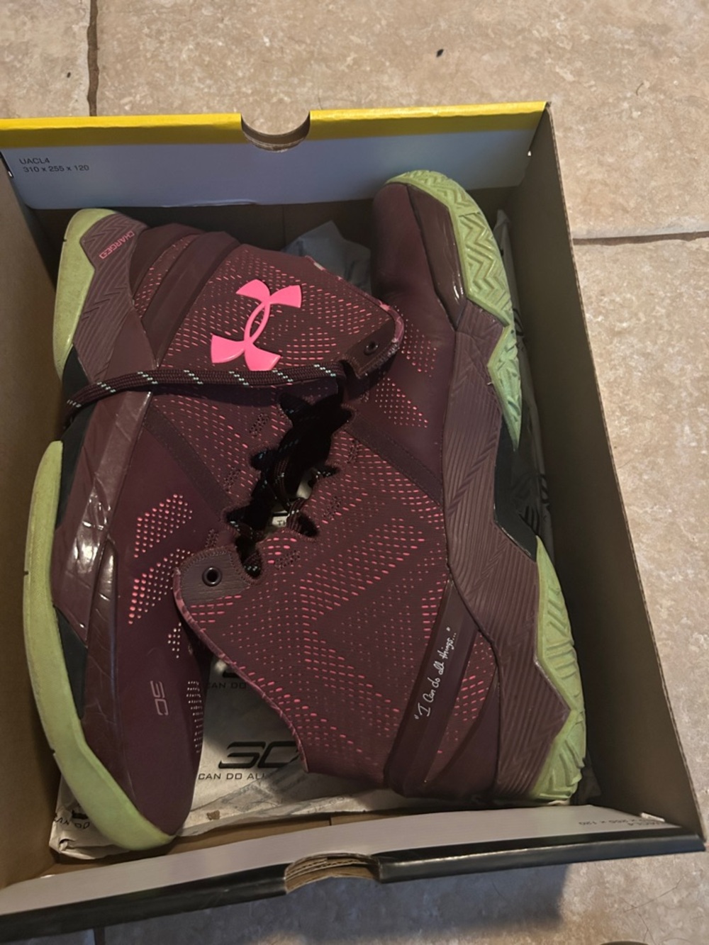 Under Armour Burgundy Shoes with Pink Logo and Green Soles
